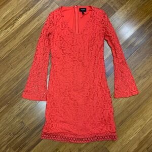 Laundry‎ by Shelli Segal Dress Womens 2 Coral Red Lace Bell Sleeve Mini Cocktail